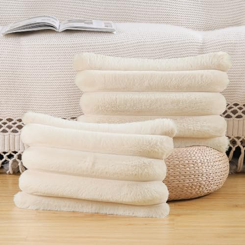 Madizz 2er Set Plüsch Samt Dekorative Kissenbezüge Flauschig Gestreifte Weich Kissenbezug für Sofa Schlafzimmer Kissen Shell Beige 30 x 50 cm Rechteckig