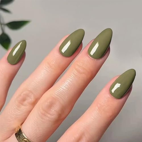 Angwis Lot de 24 faux ongles courts en amande - À coller - Couleur unie - Amovibles - Couverture complète - Accessoires de décoration d'ongles pour femme - Vert