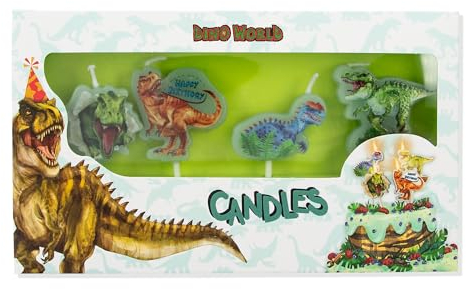 Depesche 11749 Dino World - Geburtstagskerzen Set mit 4 Kerzen aus grünem Wachs, mit coolen Dinosaurier-Motiven