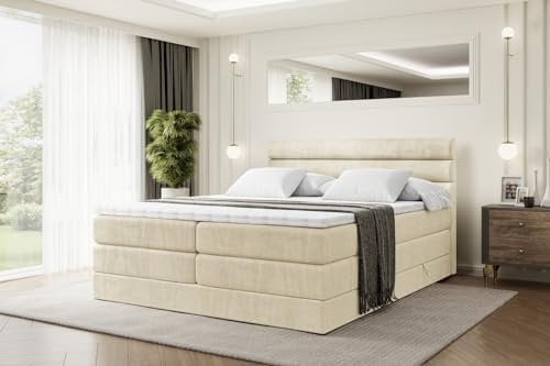 ALTDECOR Boxspringbett mit Matratze und Lattenrost, Topper, Polsterbett mit Bettkasten, Bett mit Stauraum H3- und H4- Matratze, Doppelbett, Springboxbett - Celestia King - 180x200 - Beige Monolith