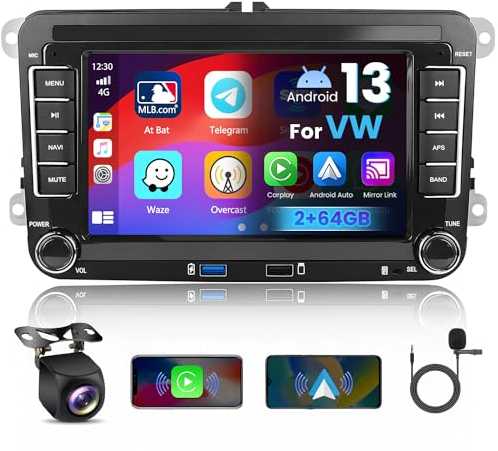 Hikity 2+64G Android Autoradio für VW Golf 5 Golf 6 Skoda Polo Passat Tiguan Touran Wireless Carplay Android Auto, 7 Zoll Autoradio mit Bildschirm Navi Bluetooth EQ FM/RDS USB Rückfahrkam