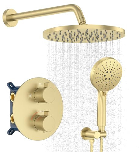 Iriber Sistema doccia termostatico da parete con soffione a pioggia da 25,4 cm e palmare, kit miscelatore per rubinetto doccia (valvola inclusa), oro spazzolato