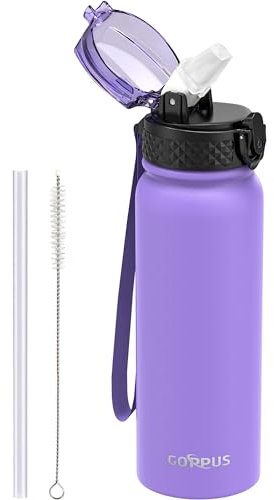 GOPPUS 600ml/20oz Stainless Water Bottle with Straw Double Wall Insulated Bottles with Strap Reusable Vacuum Thermal Flask Leakproof Keep Cold Drinks Bottles with Flip Top Lid for Men Women BPA Free