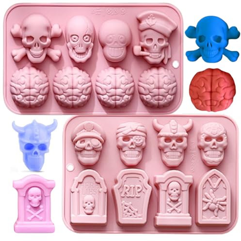 Lot de 2 moules en silicone pour Halloween, crâne, pierre tombale, cerveau, chocolat, bonbons, gelée, glaçons