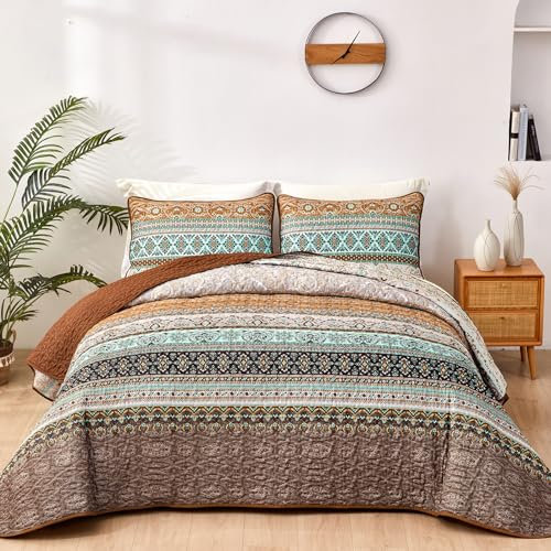 WONGS BEDDING Tagesdecke 220x240 Bettüberwurf Boho Decke Steppdecke 3 Teilig Doppelbett Gesteppt Bettdecke Mikrofaser Wohndecke mit 2 Kissenbezug 50x75 für Schlafzimmer als Sofaüberwurf (Braun)