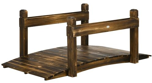 Outsunny 5FT Wooden Garden Bridge with Planters on Safety Railings, Stained Finish Arched Footbridge for Pond, Stream, Carbonized