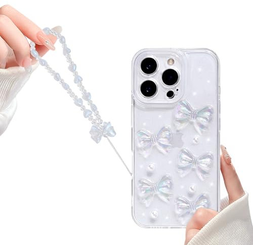 Reownest Clear for iPhone 16 Pro Case, Cute Bling 3D Bowknots Pearl Aesthetic Pattern, Glitter Sparkle Back Lens Protective Phone Cover for Women Girls +Chain