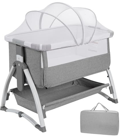 Beistellbett Baby 4 in 1, Wiege, Babybett mit Weich Matratze, Reisetasche, Moskitonetz, Tragbare Babybett mit 7 Verstellbaren Höhen für Neugeborene bis 6 Monate, Grau