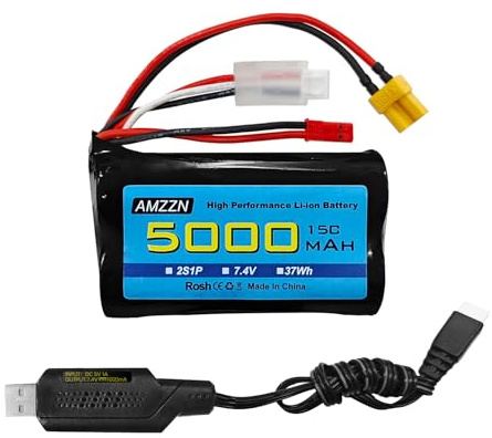 AMZZN 7.4V 5000mAh 2S Batterie Lithium-ION avec Prise JST et fiche XT30, équipée d'un câble de Charge USB, Convient pour télécommande TX16S, TX18S, RC4GS, TX12