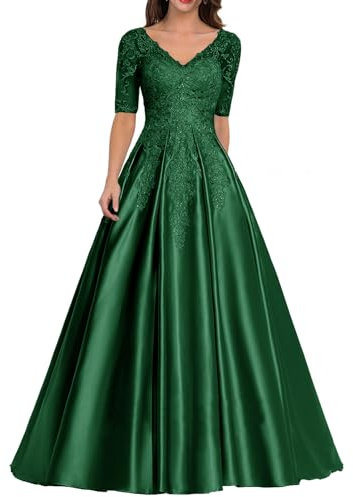 Abendkleid Satin Lang Mutter der Braut Kleider V-Ausschnitt Spitze Applique Ballkleid A-Linie Hochzeitsgast Kleid Grün 50