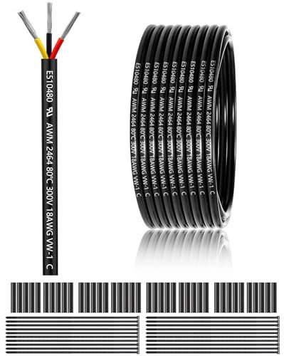 18 AWG 3×0.75mm² 3 Core 12V 24V Electrical Wire 100FT/30M, 18 Gauge 3 Conductor Wire Cable Stranded Tinned Copper PVC 18/3 Wires for LED Strips Lighting, Outdoor Cable, Automotive, CE Listed
