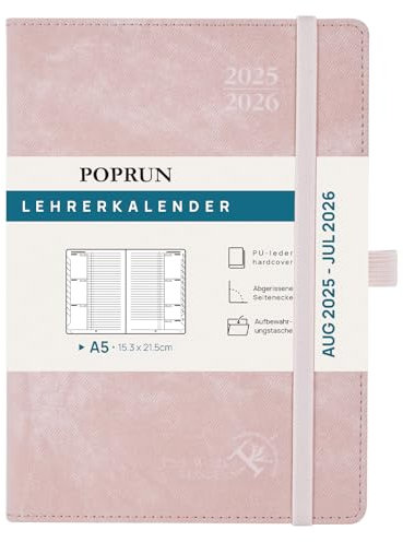 POPRUN Lehrerkalender 2025 2026 DIN A5 - Lehrerplaner 25/26 für die Unterrichtsvorbereitung mit Monatliches Register. Schulplaner mit PU-Leder Hardcover für Lehrerinnen und Lehrer - Mokka-Mousse