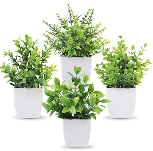 BTSD-home 4 Pack Small Fake Plants, Potted Greenery for Desk Decor | Lifelike artificial plants indoor for bathroom，office, home, and shelf decor without watering or sunlight (Green)