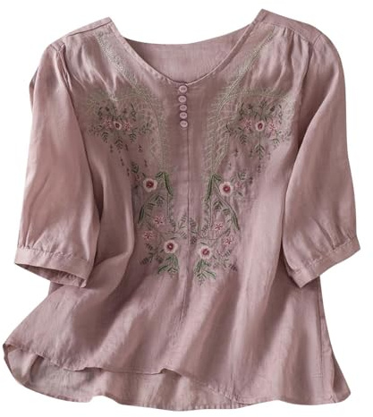 Linen Shirt Women Summer Embroidery Linen Tunic Tops Retro Jacquard Short Sleeve Boho Blouse Casual Loose Fit Flowy Hem Tee Shirt Lightweight Summer Beach Wear Blouse for Vacation Office