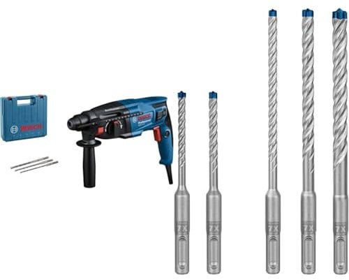 Bosch Professional Bohrhammer GBH 2-21 (Zusatzhandgriff, Maschinentuch, Tiefenanschlag, Handwerkoffer) + 5x Expert SDS plus-7X Hammerbohrer Set (für Stahlbeton, Ø 5-10 mm)
