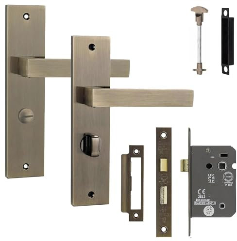 Decoranddecor Lumina Antique Brass Lever Door Handles with Bathroom Thumb-Turn and 2.5in Internal Lock – Modern Backplate, Contemporary Internal Door Handles with Art Deco Accent for Homes