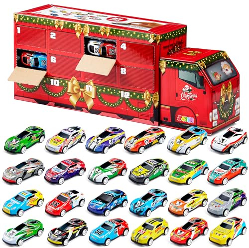 JOYIN 2025 Christmas Advent Calendar Pull Back Vehicles, 24 Days Christmas Countdown Toy Cars for Boys Girls Kids 8+ Years Old, Christmas Party Favors Supplies, Fun Gifts