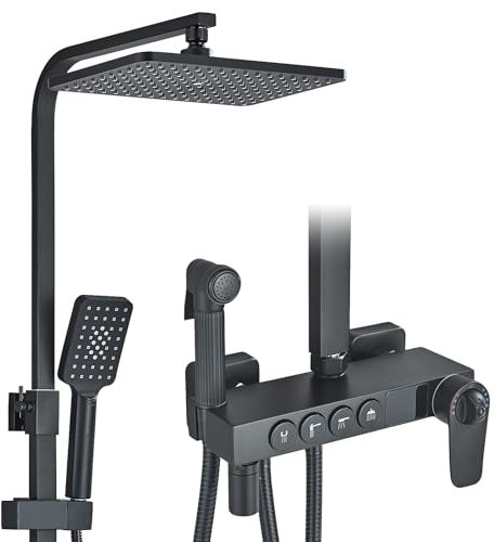 Rozin Duschsystem mit Thermostat Schwarz Duscharmatur Komplettset Thermostat 4 Modi mit Quadratisch Overhead Regendusche 3 Strahlarten Handbrause Temperatur Anzeigefeld