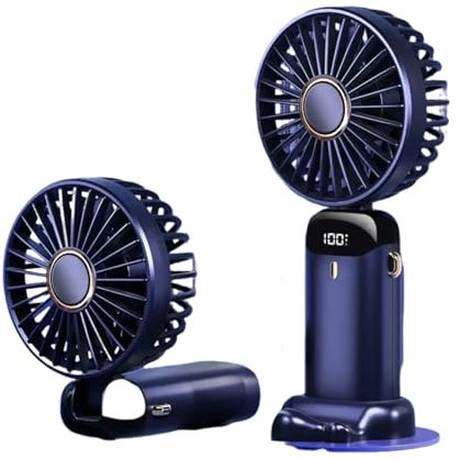 Ventilateur compact rechargeable par USB avec écran LED, 5 vitesses, support de téléphone réglable à 90°, batterie intégrée et cordon pour la portabilité