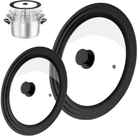 Coperchi universali 3 in 1 2 pezzi: coperchi per pentole Ø 16/18/20 cm e 24/26/28 cm per padelle, coperchi in vetro per pentole con bordo in silicone anti-scottatura
