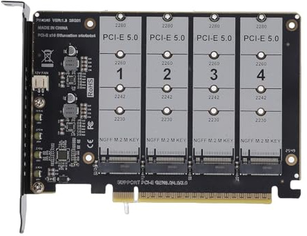 YUEHISY M.2 NVMe zu PCIE X16 Adapterkarte mit 4 Steckplätzen, PCIE 5.0 M Key SSD Konverter-Lesegerät, Interne Festplatten-Erweiterungskarte