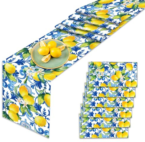 6 Stück Tischläufer Blau-Weiß Porzellan Optik mit Zitronen Motiv Frühling Sommer Tischdecke Mediterrane Tischdeko für Urlaub Dekoration Party Zubehör,275x35CM