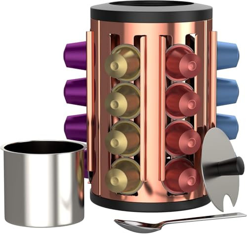 bonVIVO Kapselhalter Edelstahl - für 25 Kaffeekapseln - 360° Drehbarer Kapselspender mit Zuckerbehälter & Löffel für Nespresso - Platzsparende Kaffeekapsel-Organizer (Kupfer-Chrom Design)