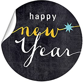 Aufkleber Etiketten happy new year Tafeldesign mit Sternen, silvester, partyzubehör, neujahrsgruss, sticker, 40mm