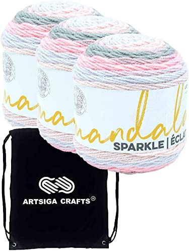 Lion Brand Knitting Yarn Mandala Sparkle Nova 3 Knäuel Factory Pack (gleiche Farbstofflose) 527-319 Bundle mit 1 Artsiga Crafts Projekt Tasche