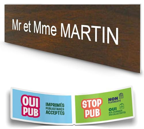DECOHO - Plaque Boite aux Lettres personnalisée adhésive 100x25mm - Effet Bois foncé - Gravure Laser Blanche - 1 Ligne + Stickers Stop PU - Marron