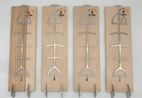 Fire World - Flammlachsbretter - 4er Set Flammlachsbrett - Flammlachsbretter mit Halterung aus Edelstahl - Lachsbretter aus Buche - Lachsbrett - Feuerschale - Räucherbrett - Made in Germany