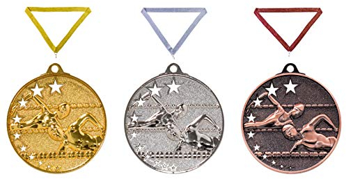 Henecka Medaille Schwimmen, Medaillen mit Wunschgravur, inklusive Halsband, wählbar in Gold, Silber, Bronze, oder als 3er-Serie (Gold)