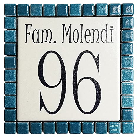 GUIZZO Creart - Numero Civico Esterno Personalizzato in Ceramica, Targhetta Personalizzata Via/Nomi Cornice Mosaico, Targhetta Porta Ingresso Personalizzata Made in Italy, 12x12H cm, Verde Scuro/Panna