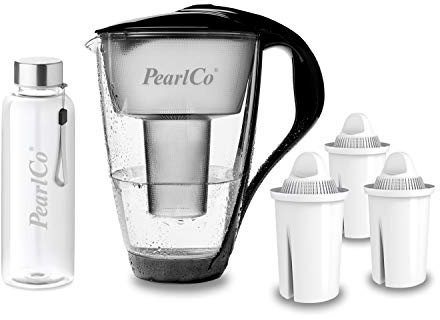perlopur® Glas-Wasserfilter (schwarz) +3 Kart. Universal +Glas-Trinkfl. | Borosilikatglas, 2 l gesamt, 1 l gefiltert, LED-Anzeige, für classic Kartuschen, reduziert Kalk, Chlor & andere Schadstoffe