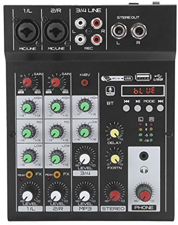 Mezclador de audio Bluetooth portátil Consola de mezcla digital de 4 canales con salida RCA/TRS / 3.5 mm, para karaoke en casa, transmisión por Internet, grabación de música, etc.(UE)