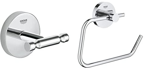 Grohe Bau Cosmopolitan - Bademantelhaken, chrom, 40461001 & Essentials - WC-Papierhalter (Material: Metall, verdeckte Befestigung, zum bohren oder kleben), chrom, 40689001