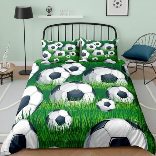 feelingyou 3D Fußball Bettwäsche-Set Grünes Gras Bettwäsche Set 135x200cm Liebe zum Fußball Betten Set für Kinder Jungen Mädchen Teenager 2St.Reißverschluss Mikrofaser