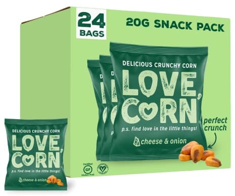 LOVE CORN Cheese & Onion Crunchy Corn Snack 20g x 24 Bags – Healthy Snacks Ideal for Gluten Free & Vegan Diets – Low Sugar Alternative for Crisps, Mixed Nuts & Pretzels – Perfect To Graze On