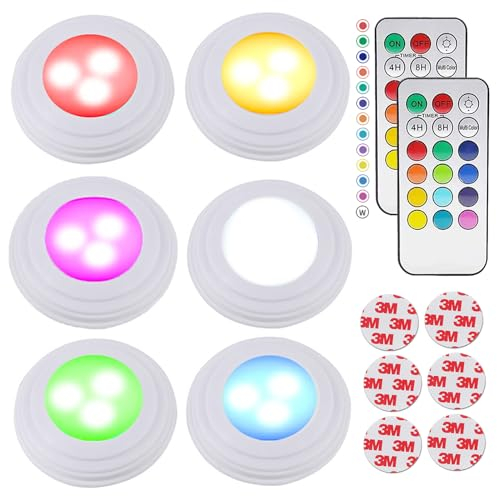 Under Cabinet Kitchen Light,Battery Operated Under Cupboard Lights,Wireless LED Puck Light with Remote,Dimmable Colorful Push Lighting Stick on Closet Counter Wardrobe Wall Indoor,6 Pack