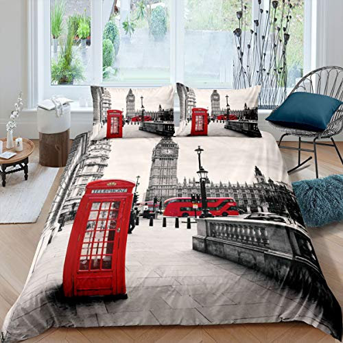 Homewish London Bettwäsche-Set, Big Ben Bettbezug 200x220, rote Telefonzelle Bettdecke für Jugendliche Erwachsene Frauen, leichte weiche Mikrofaser grau Bettbezug mit 2 Kissenbezüge, grau
