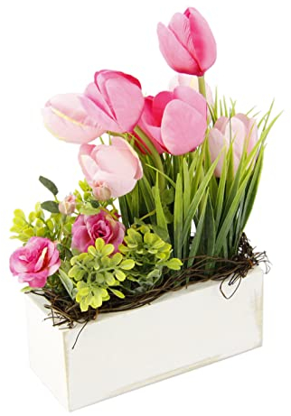 Gesteck aus Tulpen Wildrosen und Gras im Topf aus Holz Künstliches Kunstblume Unechte Gefälschte Tulpe Reisig Deko Blumen Osterdeko Frühjahrsdekoration Tischdeko Frühjahr Floristik Blumendeko