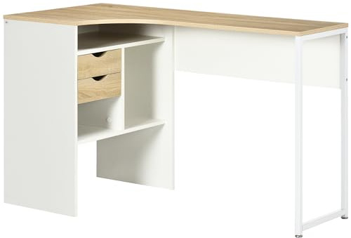 HOMCOM Eckschreibtisch, Computertisch für Arbeitszimmer, Multimedia, mehrere Positionen, Metall, Spanplatten, Eichenoptik, Hellweiß