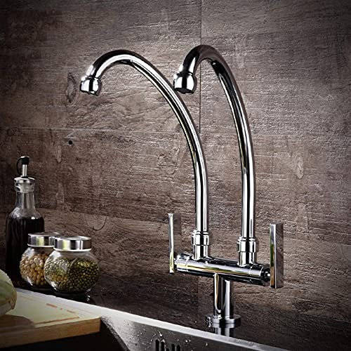Wasserhähne,Küchenarmaturen, Hebel-Waschtischarmaturen, Waschbecken-Mischbatterie, verchromter Kupferkörper, Doppelrohr, Doppelkopf, einzelner kalter Eins-in-zwei-Aus-Wasserhahn/normaler Mund/7-Sd