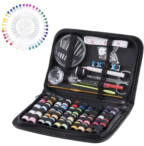 Juego de costura de 128 piezas, kit de costura, accesorios de costura, 40 bobinas de hilo, mini herramienta de costura completa para principiantes, viajeros, familiares y amigos, Negro (C-128 piezas)