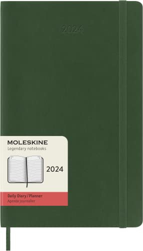 Moleskine Tagesplaner 12 Monate 2024, Planer 2024, Großes Format 13x21, Weicher Einband und elastischer Verschluss, Grüne Myrte Farbe