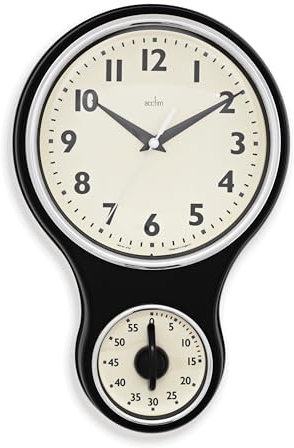 Acctim Kitchen Time Wall Clock Timer Quartz Retro Style Domed Glass Lens Black 20cm