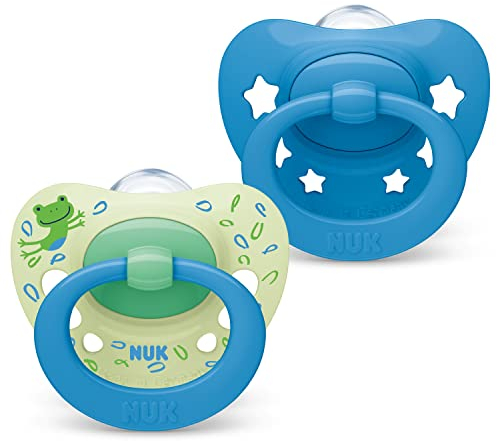 NUK Signature Babyschnuller | 6-18 Monate | Beruhigt 95 % der Babys | BPA-freie Silikonschnuller in Herzform | Mit Etui | Blaue Sterne | 2 Stück