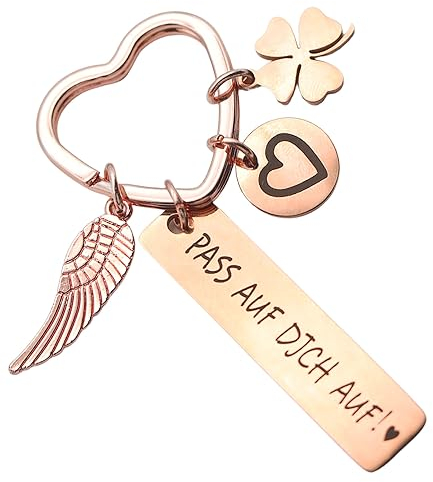 RYMAUP® Herz Schlüsselanhänger, Gravierte Schriftart, Engel Anhänger Geschenk, Autoschlüssel Herz Geschenk für Geburtstag Fahranfänger zum Führerschein bestanden, Roségold