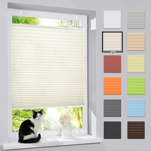 bobodeco Plissee ohne Bohren Klemmfix Faltrollo Jalousie Beige 115x120cm (BxH), Plisseerollo Sichtschutz und Sonnenschutz Blickdicht Easyfix lichtdurchlässig Rollo für Fenster & Tür