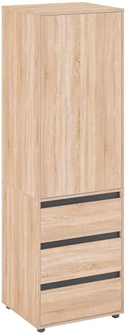 KOMTO Kleiderschrank Klein in Sonoma Eiche - Schrank Schlafzimmer Kinderzimmer Mehrzweckschrank mit 1-türig & 3 Schubladen Garderobenschrank Flur | Drehtürenschrank Cube 60 x 192 x 53 cm